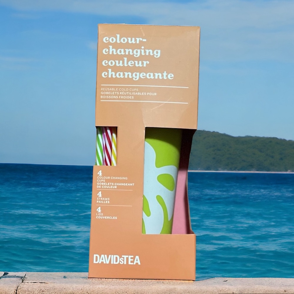 DAVIDSTEA Colour Changing Tropical Cold Cups - Set of 4 w/ lids & straws BNiB